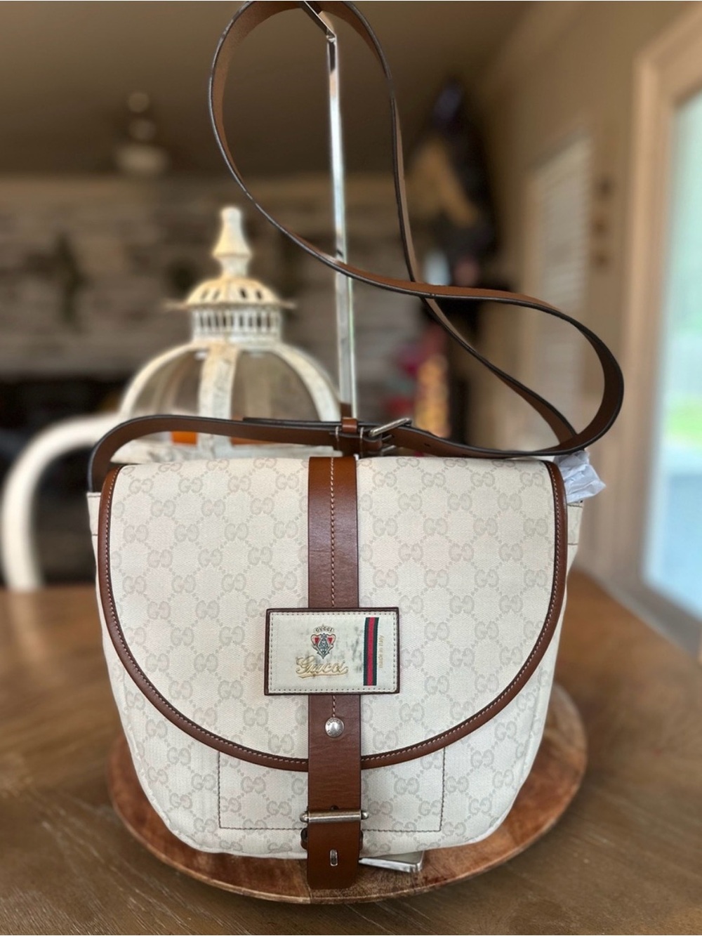 Gucci vintage Beige GG Canvas & Brown Leather Shoulder Bag